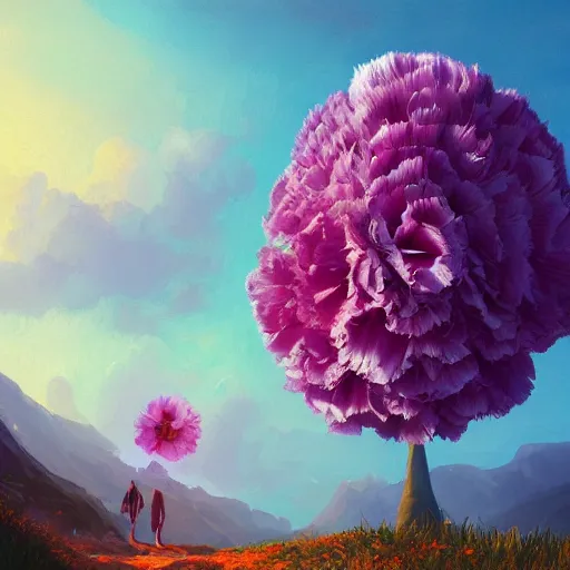 Image similar to giant carnation flower as a head, girl hiking in the mountains, surreal photography, sunrise, dramatic light, impressionist painting, colorful clouds, digital painting, artstation, simon stalenhag