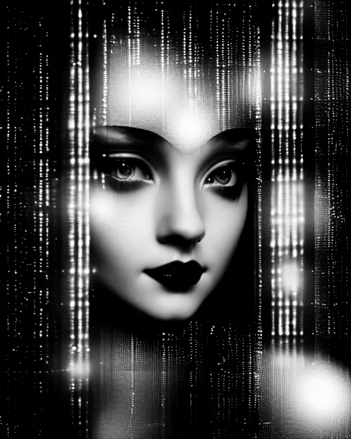 Image similar to black and white dreamy young beautiful female artificial intelligence, metropolis, cinematic, rim light, bokeh, photo - realistic, elegant, high detail, 8 k, masterpiece, photo taken in 1 9 3 0