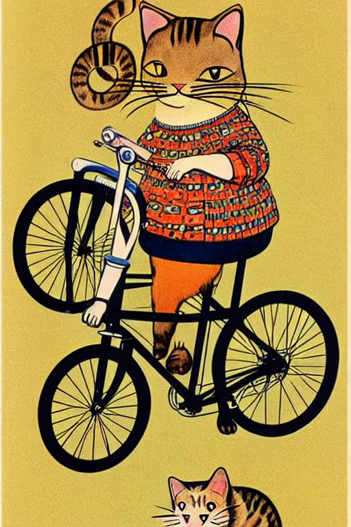 Image similar to a 1 9 5 0 s retro illustration by richard scarry and gustav klimt. a cat riding a bike.. muted colors, detailed