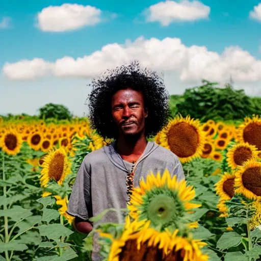 Image similar to east african man with curly hair in a studio ghibli film, animation, field of sunflowers, dreamy, roaming, curious, colorful, intricate details