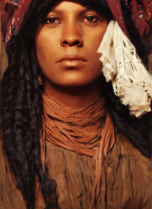 Prompt: maria igwe. Old west bounty hunter. Iranian orientalist portrait by john william waterhouse and Edwin Longsden Long and Theodore Ralli and Nasreddine Dinet, oil on canvas. Cinematic, hyper realism, realistic proportions, dramatic lighting, high detail 4k