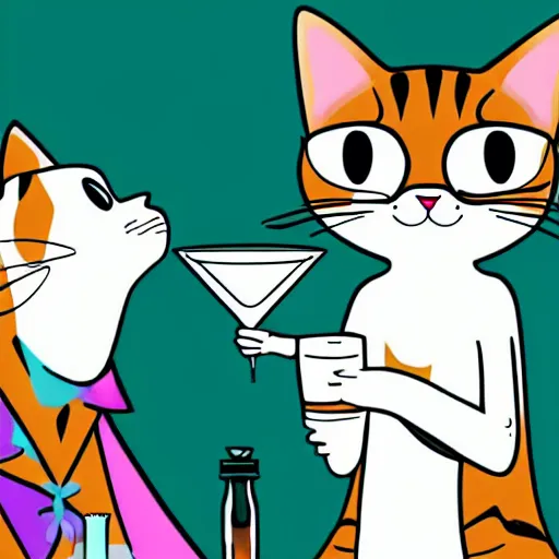 Prompt: a cat drinking milk out of a martini glass, trending on artstationhd, style of alison wonderland, colorful, acid, trippy