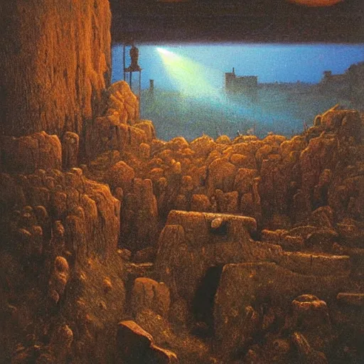 Image similar to steampunk landscape, fossil rocks, beam of lights beksinski