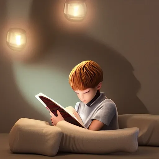 Image similar to a boy reading a book, 3 d rendering, art by just radiation, cinematic lighting