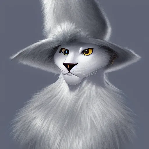 Prompt: portrait of a cartoon white panter with a very long fur and silver hat, fantasy, trending on artstation, heroic pose, illustration, highly detailed, simple, 8k