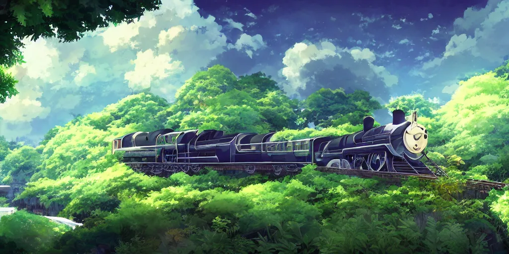 Image similar to A beautiful illustration of beautiful Hogwarts train, castle, leaves, trees, steam, magic, wide angle, by makoto shinkai, Wu daozi, very detailed, deviantart, 8k, wallpaper, tropical, colorful, airy, anime illustration, anime nature wallpap