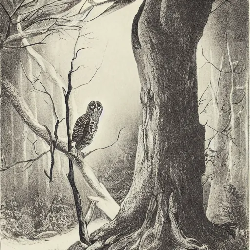 Image similar to owl and ghost in haunted woods, lithograph, museum catalog photograph