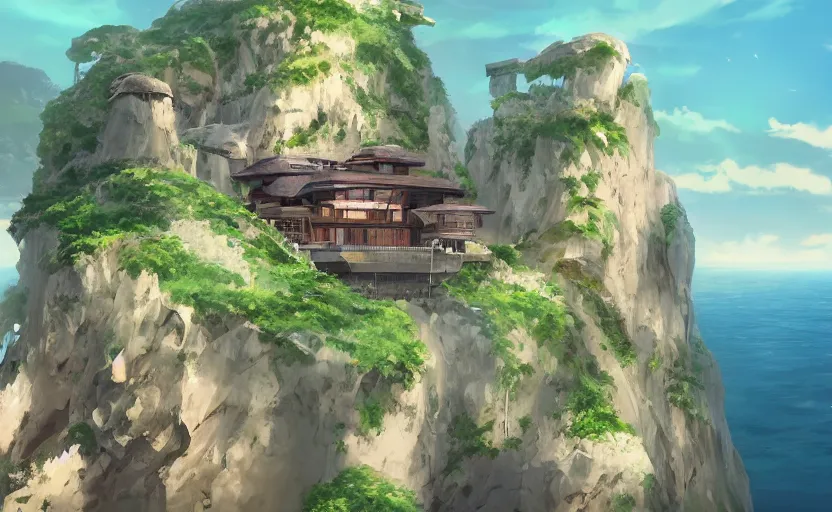 Image similar to one big house on a cliff over an ocean, one small boat, dangerous cliffside, cliffs, trees. matte painting, Makoto Shinkai, anime, trending on ArtStation, digital art.