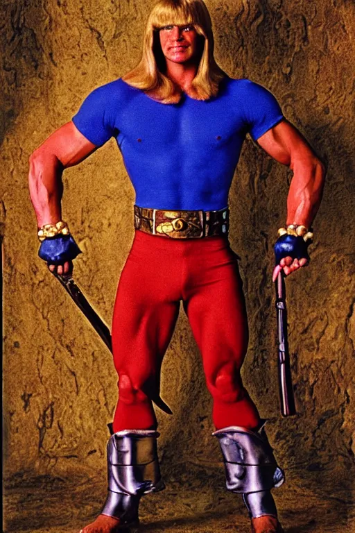 Image similar to he - man, portrait, full body, symmetrical features, color photo, 1 9 8 5 photograph, kodachrome, aged paper, sergio leone, master prime lenses, cinematic