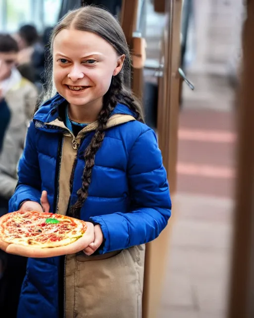 Image similar to film still close - up shot of greta thunberg giving a speech in a train station eating pizza, smiling, the sun is shining. photographic, photography