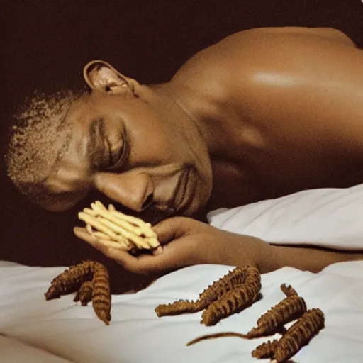 Image similar to john coltrane snuggling one giant mealworm in bed