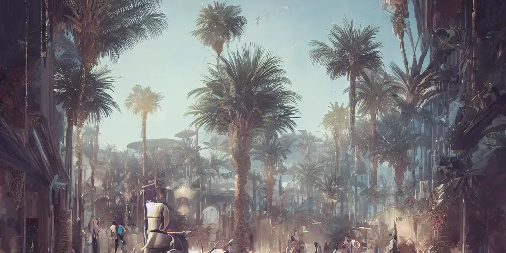 Image similar to Futuristic Marrakech, palm trees ,WLOP, James Jean, tom bagshaw, rococo, trending on artstation, fantasy, intricate, elegant, highly detailed, digital painting, concept art, smooth, illustration, cinematic lighting, hyper realism, octane render, 8k, hyper detailed.