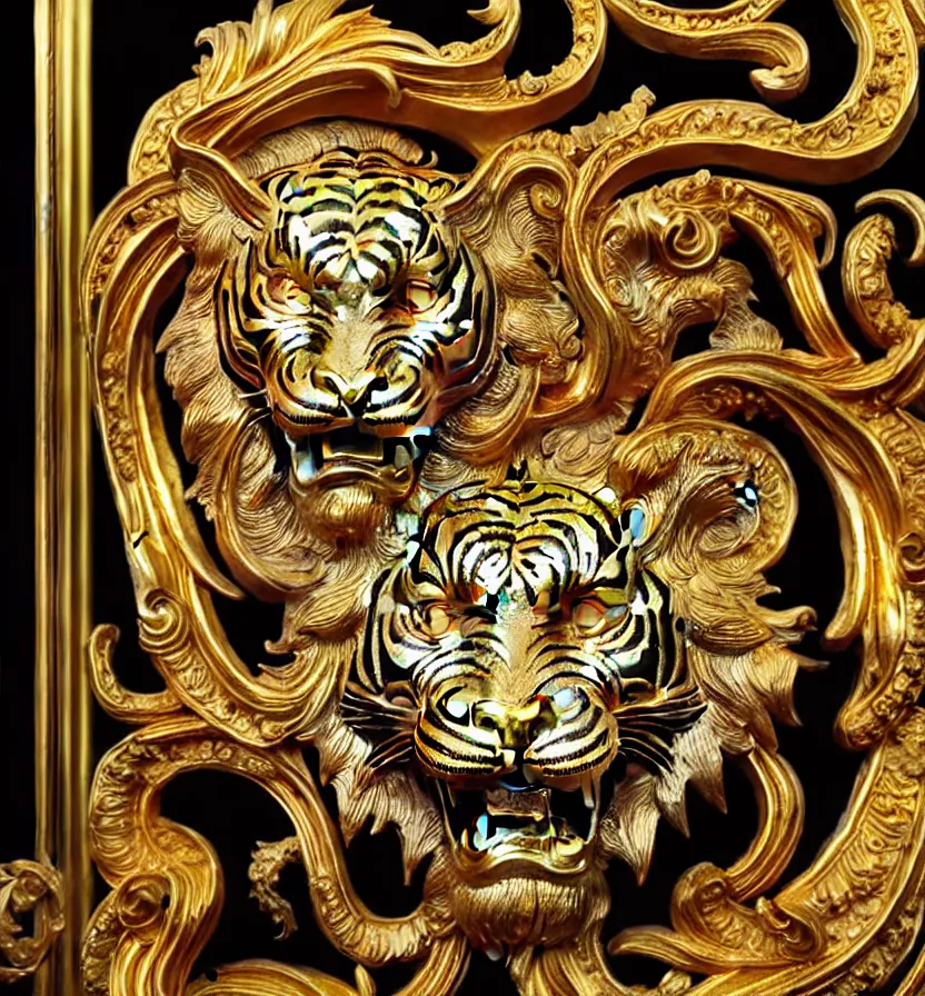 Prompt: beautiful portrait of a large ornate and intricate rococo carved marble and gold tiger face, 3 d, photorealistic, symmetric, front facing, centered, hyper detailed, gold plated on black background, wallpaper, emblem, baroque medallion,