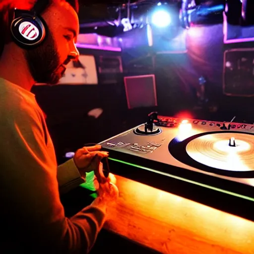 Image similar to in a night club, a disc jockey with headphones playing music from a turntable that has an Israeli pita bread instead of a record