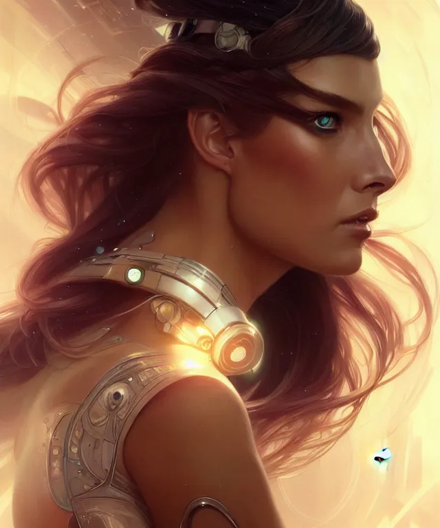 Image similar to futuristic woman portrait, sci-fi, amber eyes, face, long hair, fantasy, intricate, elegant, highly detailed, digital painting, artstation, concept art, smooth, sharp focus, illustration, art by artgerm and greg rutkowski and alphonse mucha