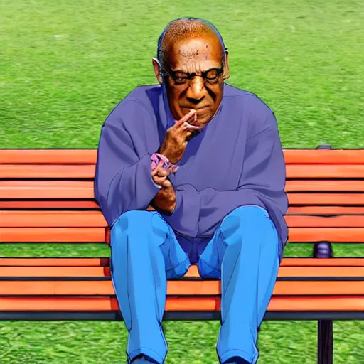 Image similar to 3 d photo of bill cosby with cat ears and long hair looking to her side, sitting on a bench with a park behind her, bokeh, shader, anime art style, highly detailed, cel - shaded, colorful, animated, trending