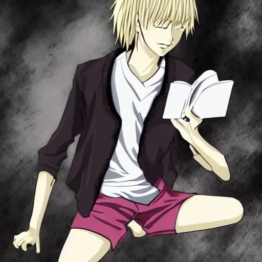 Prompt: young blonde boy fantasy thief, death note style, anime style