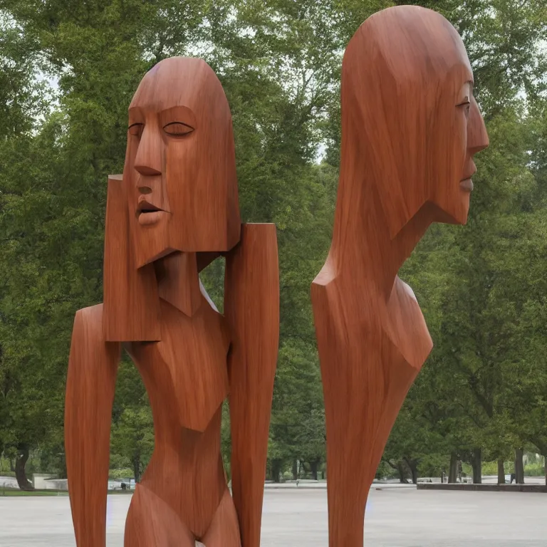 Image similar to enormous geometric minimalist accurate standing figurative sculpture of park shin - hye, beautiful symmetrical!! face accurate face detailed face realistic proportions, hand - carved out of mahogany wood on a pedestal by stephan balkenhol and martin puryear, cinematic lighting shocking detail 8 k