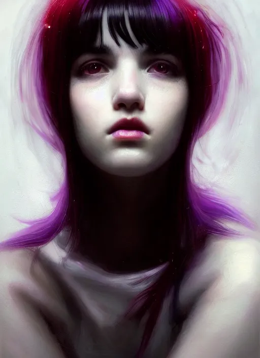 Image similar to portrait of teenage girl, red irises, bangs, black and white hair, white bangs, purple clothes, white bangs, two color hair, black hair and white bangs, intricate, elegant, glowing lights, highly detailed, digital painting, artstation, concept art, smooth, sharp focus, illustration, art by wlop, mars ravelo and greg rutkowski