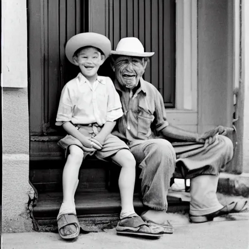 Prompt: An old man wearing a straw hat sitting on the stoop smiling at a happy four year old boy who sits next to him. 1950s, Americana, vintage, black and white, Ian Berry.