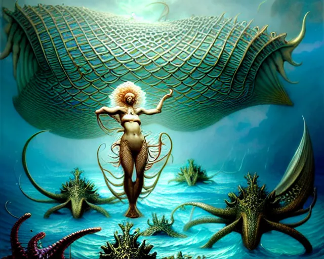 Image similar to the army of merfolk and sea monsters, ocean, fantasy character portrait made of fractals facing each other, ultra realistic, wide angle, intricate details, the fifth element artifacts, highly detailed by peter mohrbacher, hajime sorayama, wayne barlowe, boris vallejo, aaron horkey, gaston bussiere, craig mullins