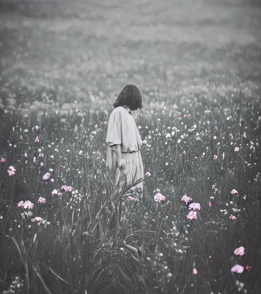 Image similar to mystical dark death god standing in tall meadow of flowers, distant, vintage film photo, grainy, high detail, high resolution