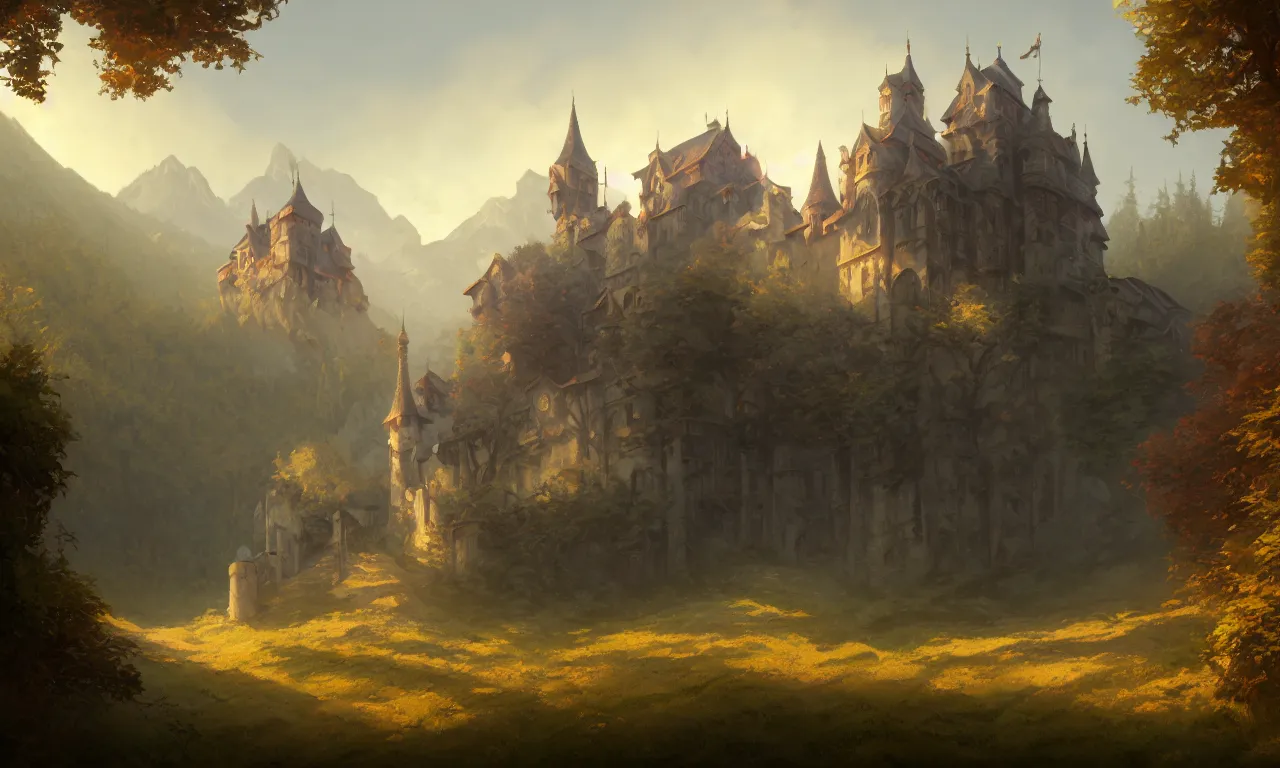 Prompt: digital painting of a small castle town closed off by large metal gate, border, behind a forest, large mountains in back, concept art, low angle, high detail, warm lighting, volumetric, godrays, vivid, beautiful, trending on artstation, by Jordan grimmer, no focus, huge scene, grass, art greg rutkowski and alphonse mucha