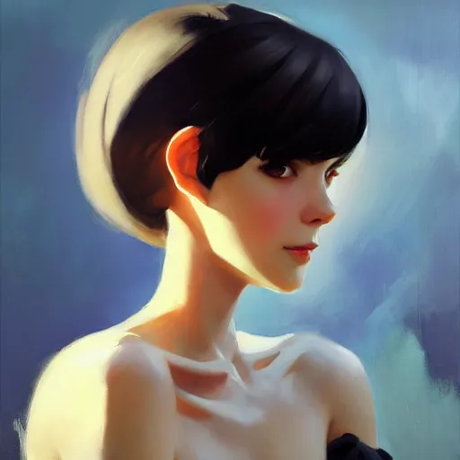 Image similar to greg manchess portrait painting of white pale skinny young girl with black hime haircut as overwatch character, medium shot, asymmetrical, profile picture, organic painting, sunny day, matte painting, bold shapes, hard edges, street art, trending on artstation, by huang guangjian and gil elvgren and sachin teng