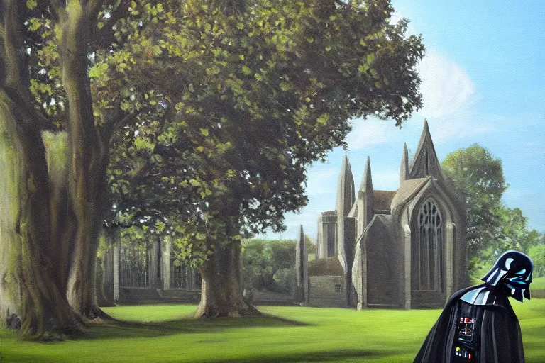 Image similar to a detailed oil painting of darth vader leaving a quaint norman flint church, english, churchyard, trees, golden hour, isometric