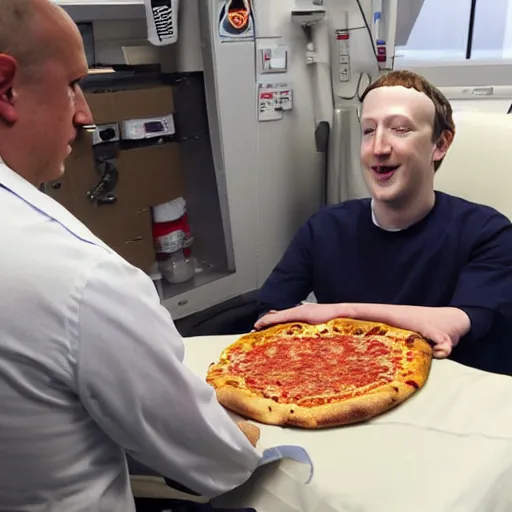 Image similar to after billy corgan throws up on mark zuckerberg's shoes, zuckerberg takes corgan to a doctor to get checked out. the doctor examines him, and gives him a diagnosis : / you've been eating too much pizza / cinematic 8 k'