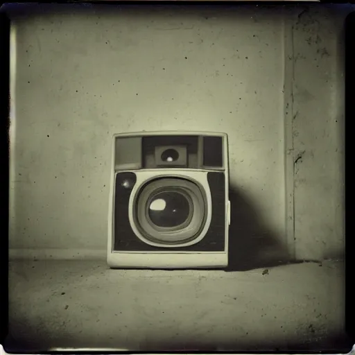 Image similar to small and dark concrete room with an old tv showing a pair of eyes, creepy, eerie, old polaroid, expired film,