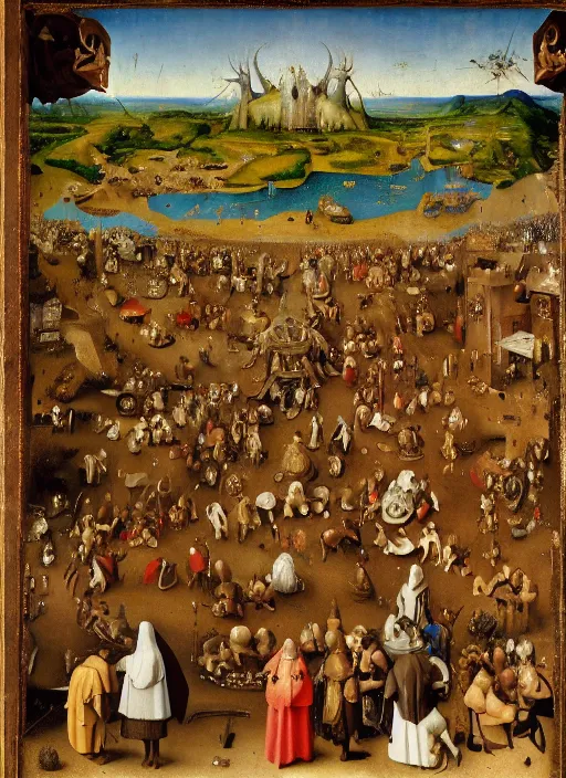 Image similar to Hell by Jan van Eyck, Hieronymus Bosch, Johannes Vermeer 4k post-processing, highly detailed medieval painting