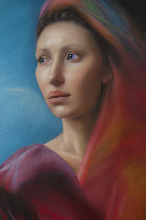 Image similar to hyperrealism oil painting, close - up portrait of fabric worker woman model, gradient mixed with nebula sky, in style of baroque