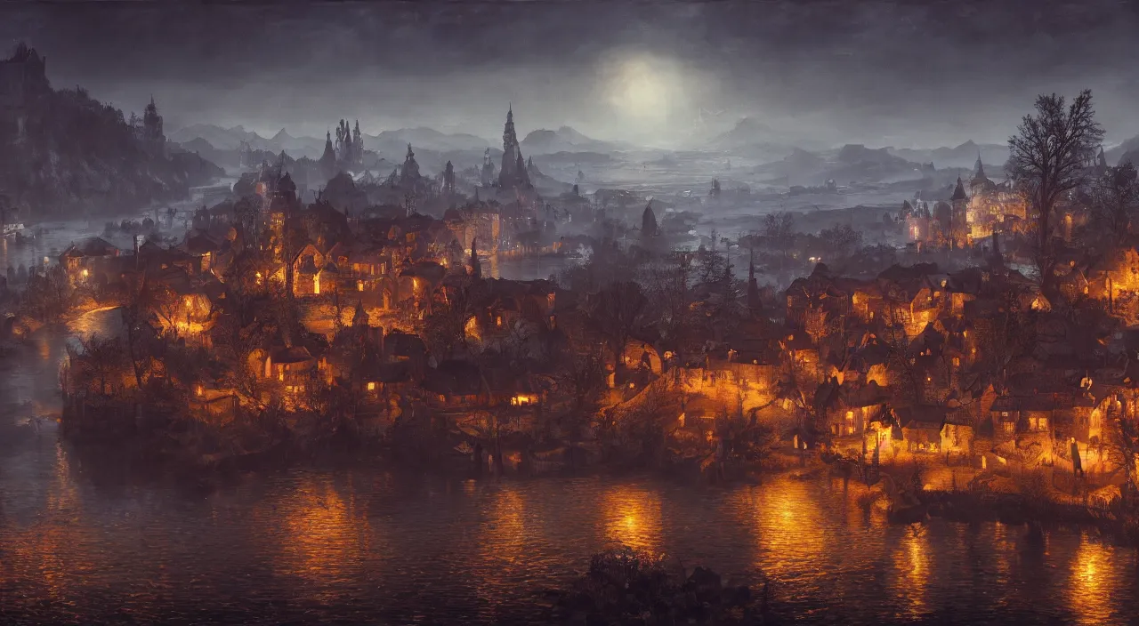 Prompt: A oil painting of a medieval city on the edge of a lake, illuminated by moonlight in the evening.The Witcher 3: Wild Hunt.elden ring.4k