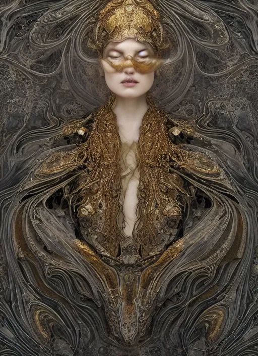 Image similar to marble sculpture of many beautiful woman, oil slick, palladium veins, dripping, mandelbulb, oil, melting, hypercube, ivory carving, fractal paisley inlay, lace, intricate, elegant, highly detailed, gold inlay, metallic, ivory, artgerm, lace, by ruan jia, greg rutkowski, mucha, zbrush, nick alm
