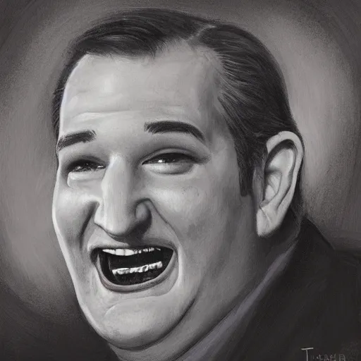 Image similar to Ted Cruz with a wide grin wielding a bloody hatchet peaking through a door in the distance at the end of a narrow corridor, black and white, creepy lighting, scary, horror, ornate, eerie, fear, oil painting