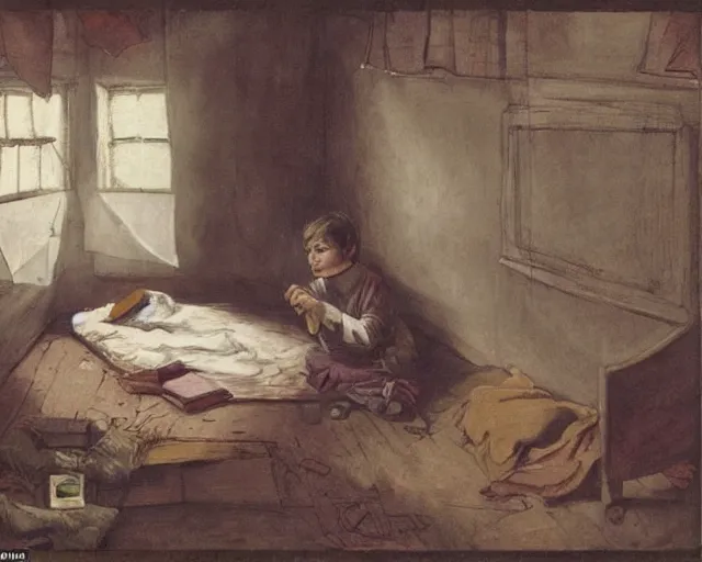 Image similar to shabby! room, isometric view, with window on the right wall, with bed at the left wall, with cute boy with long dark - brown! hair and dark - brown eyes, the boy is sitting on the bed, the boy is holding kumys, highly detailed painting