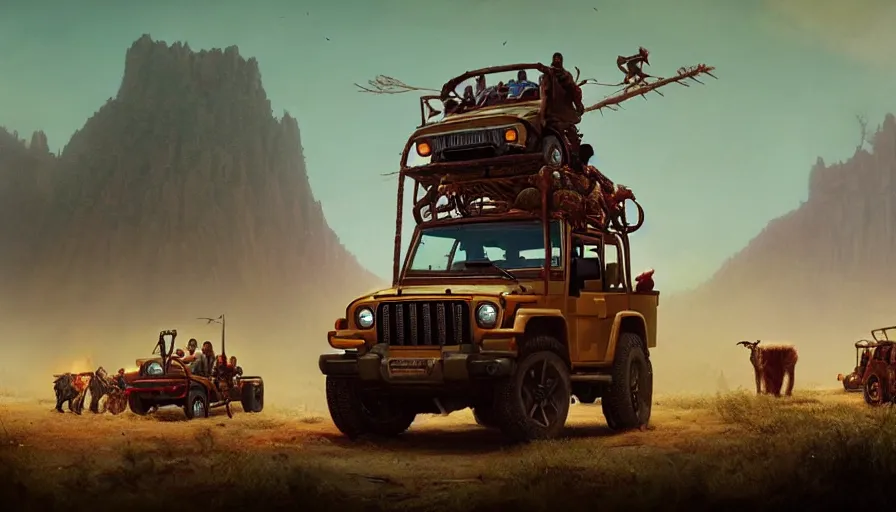 Image similar to Mahindra thar, tribe members watching nearby, an epic fantasy, dramatic lighting, cinematic, establishing shot, extremely high detail, photorealistic, cinematic lighting, artstation, by simon stalenhag, christopher nolan, horizon forbidden west