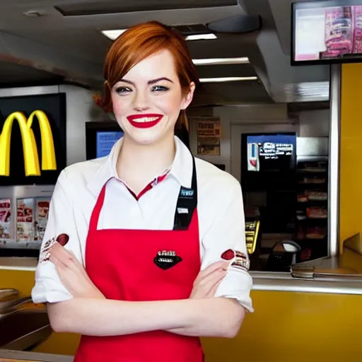 Prompt: emma stone works at mcdonalds, emma watson standing behind the counter at mcdonalds wearing a mcdonalds uniform, smiling greeting customers, promotional photo ( 2 0 1 5 ), press junket photo