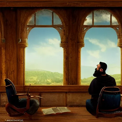 Prompt: a weary bearded traveler sits in the back of a classroom listening to a lecture from a wise sage, beautiful detailed and realistic matte painting