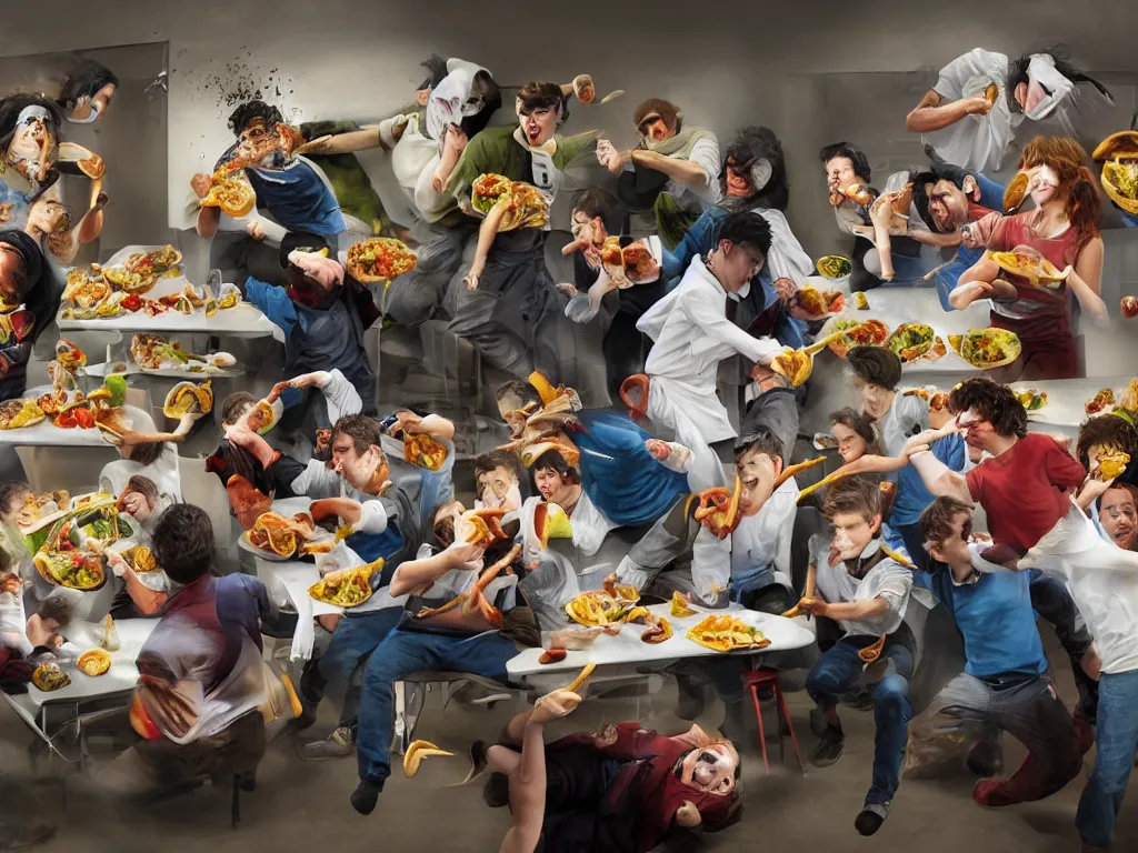 Prompt: a hyper realistic photograph of students fighting with food in the canteen by banksy, trending on artstation, 5 0 mm, cobra flash lighting, award winning photography, masterpiece