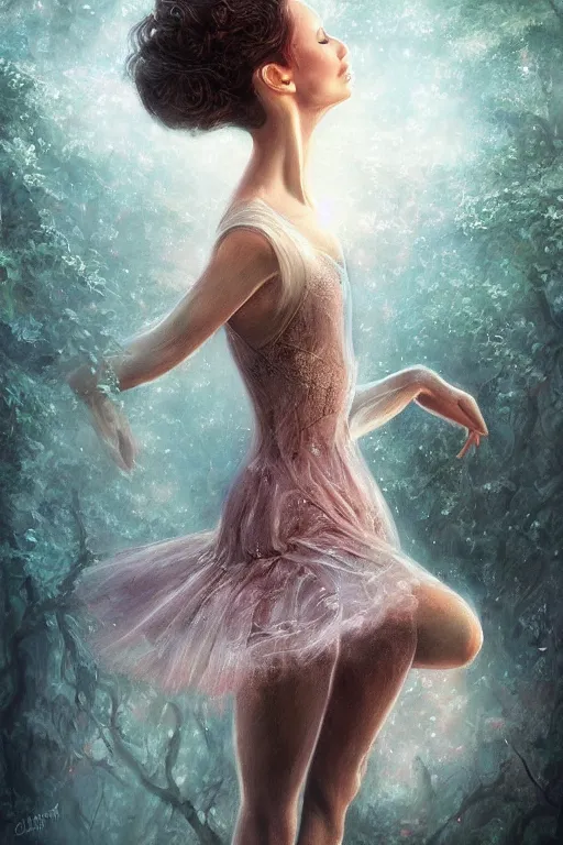 Image similar to prima ballerina, gorgeous, ethereal, intricate, elegant, volumetric lighting, nature scenery, digital painting, highly detailed, artstation, sharp focus, illustration, concept art, clive barker