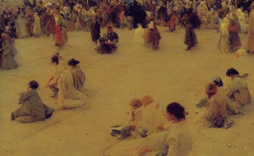 Image similar to high quality high detail painting by ilya repin, huge line of people fading into the background, hd