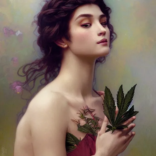 Image similar to portrait of a marijuana goddess, intricate, elegant, highly detailed, digital painting, artstation, concept art, smooth, sharp focus, illustration, art by artgerm and greg rutkowski and alphonse mucha and william - adolphe bouguereau