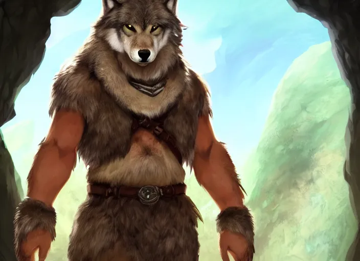 Image similar to burly tough character feature portrait of the anthro male anthropomorphic wolf fursona animal person wearing tribal primitive caveman outfit belt standing in the entrance to the cave, center framed character design stylized by charlie bowater, ross tran, artgerm, makoto shinkai, detailed, soft lighting, rendered in octane