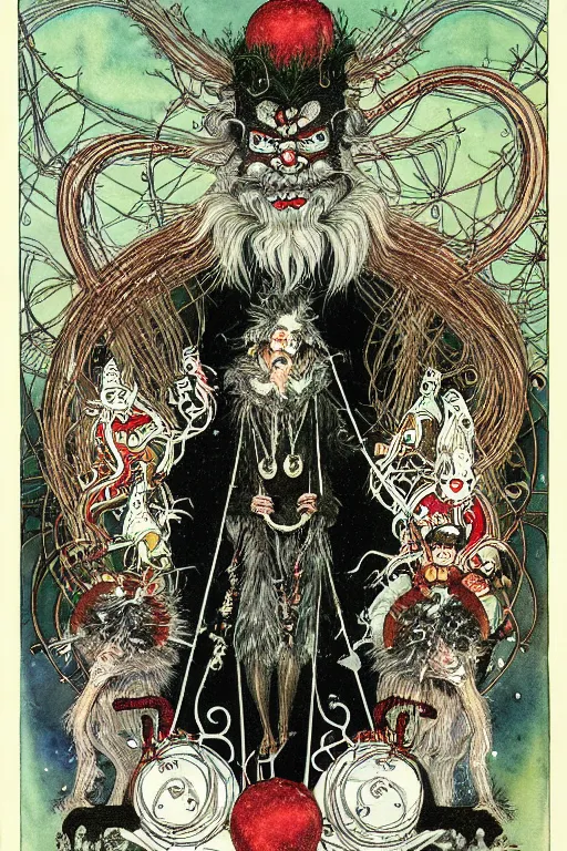 Prompt: victorian gruss vom krampus in the center of a frame made of christmas ornaments, art by kay nielsen and walter crane, illustration style, watercolor