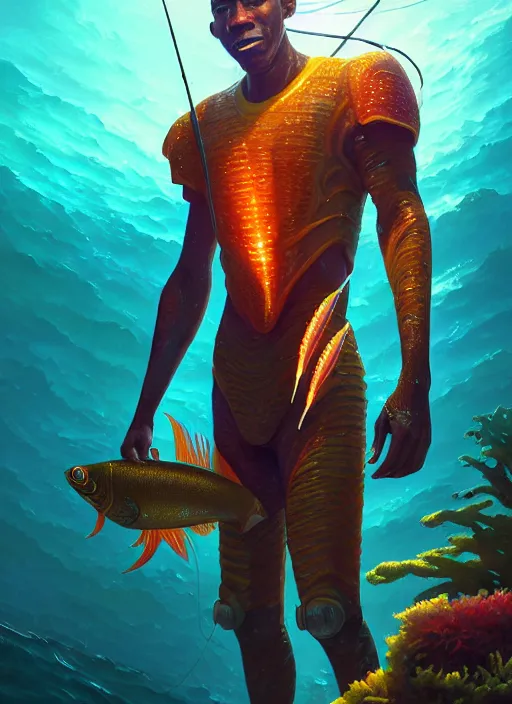 Prompt: portrait of a jamaican fisherman sci - fi glowing fishing armor jamaican colors muscular cyberpunk intricate elegant highly detailed digital painting artstation concept art, ocean fish background, greg rutkowski, loish, rhads, ferdinand knab, makoto shinkai and lois van baarle, ilya kuvshinov, rossdraws, tom bagshaw