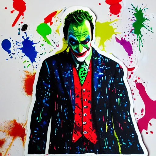 Image similar to die cut sticker, saul goodman wearing the joker suit, splatter paint