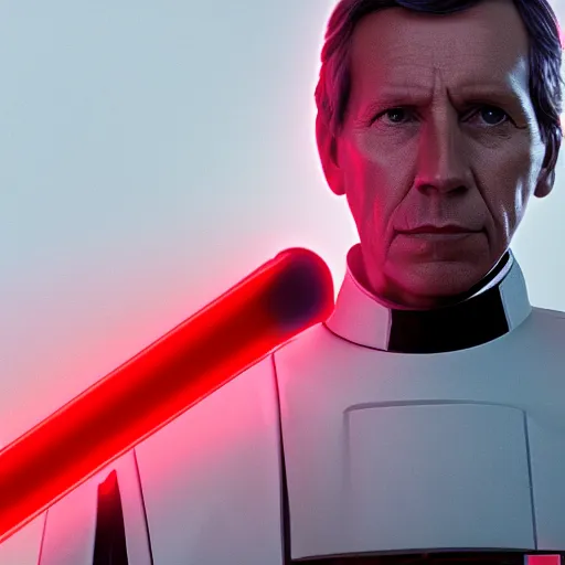 Prompt: a portrait of director krennic from rogue one wielding a red lightsaber, cinematic, realistic, raytracing, hdr, 8 k