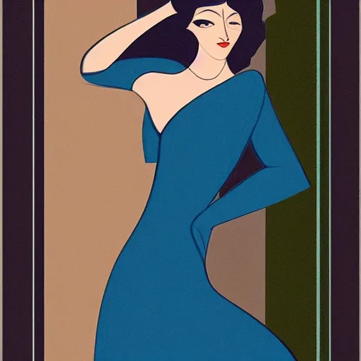 Image similar to a digital painting of a woman in a blue dress, an art deco painting by Patrick Nagel,, deviantart contest winner, art deco, matte drawing, storybook illustration, matte painting